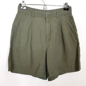 Everlane Women 100% Linen Pleated Shorts Women Sz 4 Olive Green High Rise Summer